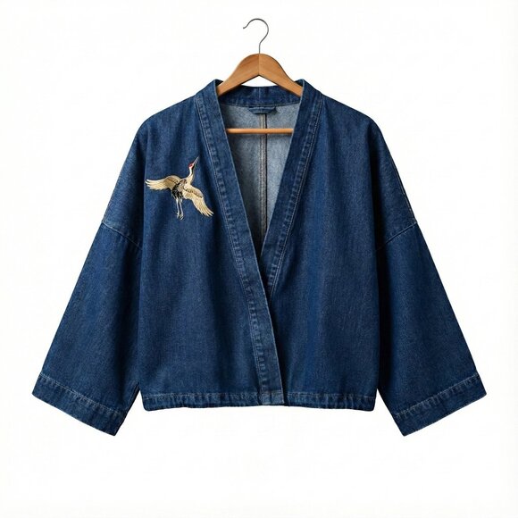 Denim Kimono Jacket with Embroidered Crane - Picture 1 of 4